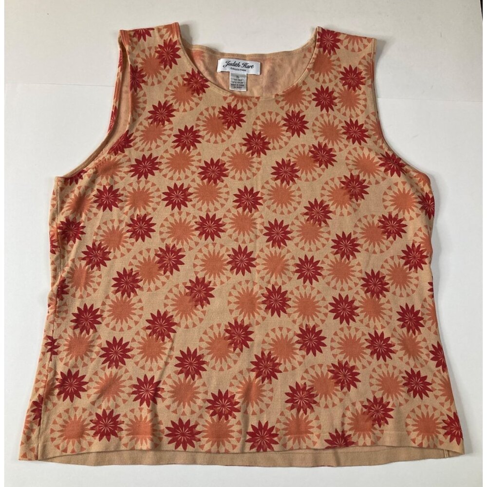 Womens Vintage Judith Hart Silk Starburst Tank Shell Orange Red‎ XL Silk Nylon